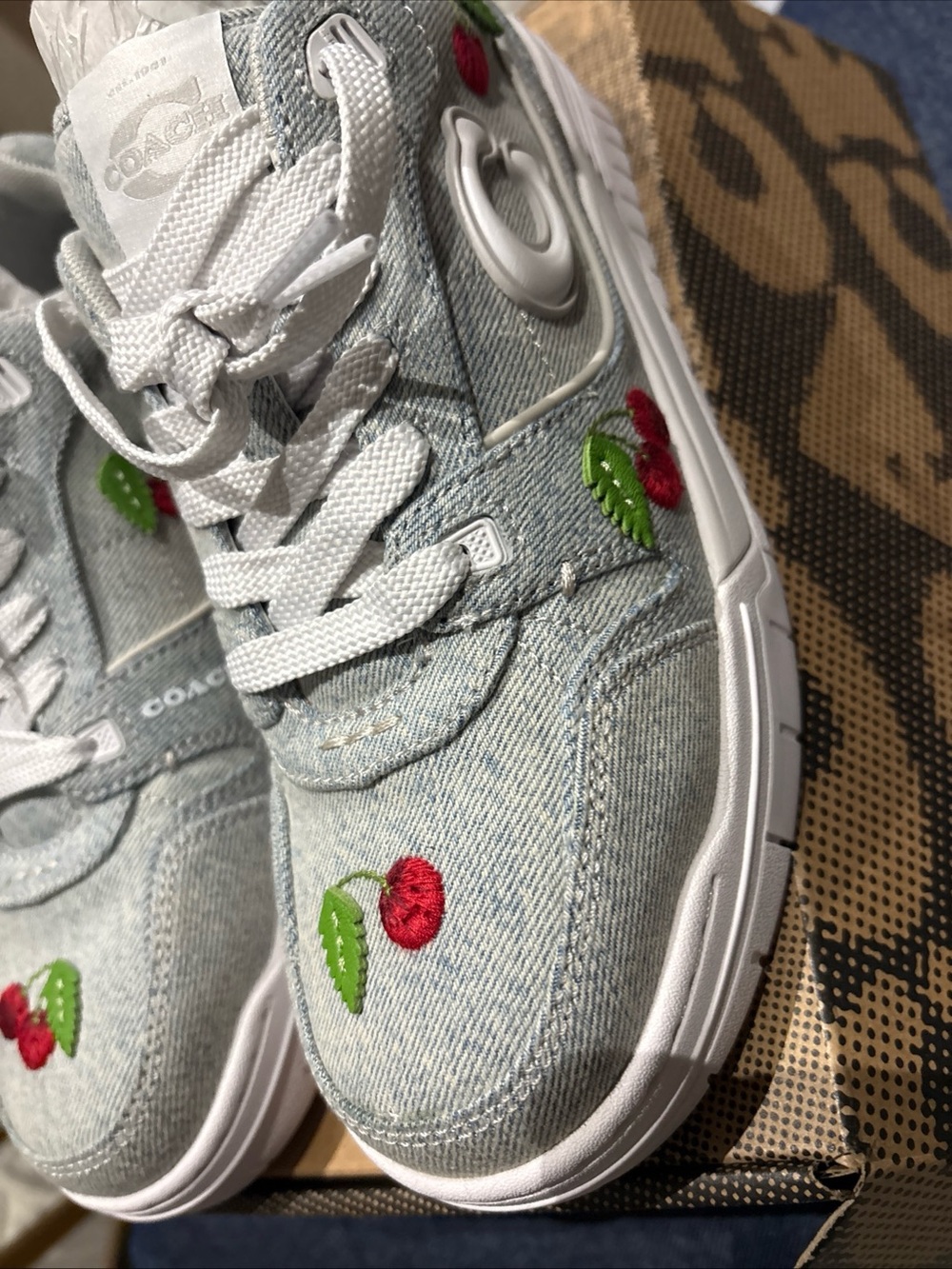COACH Women's Soho Cherry Charm Ornament Detail Sneakers Denim/Optic White-8 - Picture 6 of 16